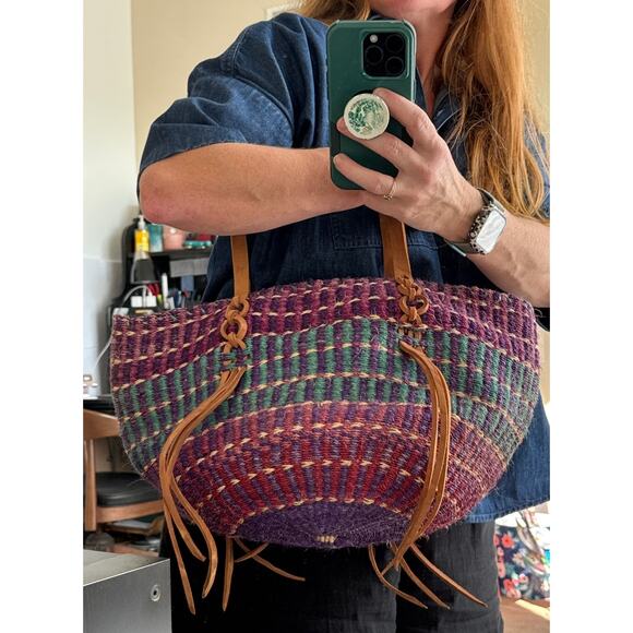 NWT Handwoven Purple & Teal Boho Retro Tote Bag with Leather Straps tassels - Picture 13 of 13